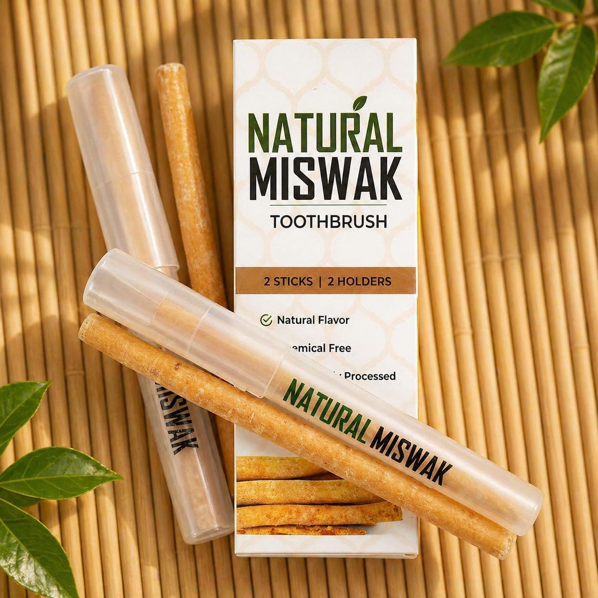 Natural Miswak Toothbrush Set with Olive Wood Handle (4-Pack)